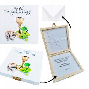 PAMIĄTKA I Komunii Świętej SZKATUŁKA z nadrukiem życzeniami UPOMINEK wzory