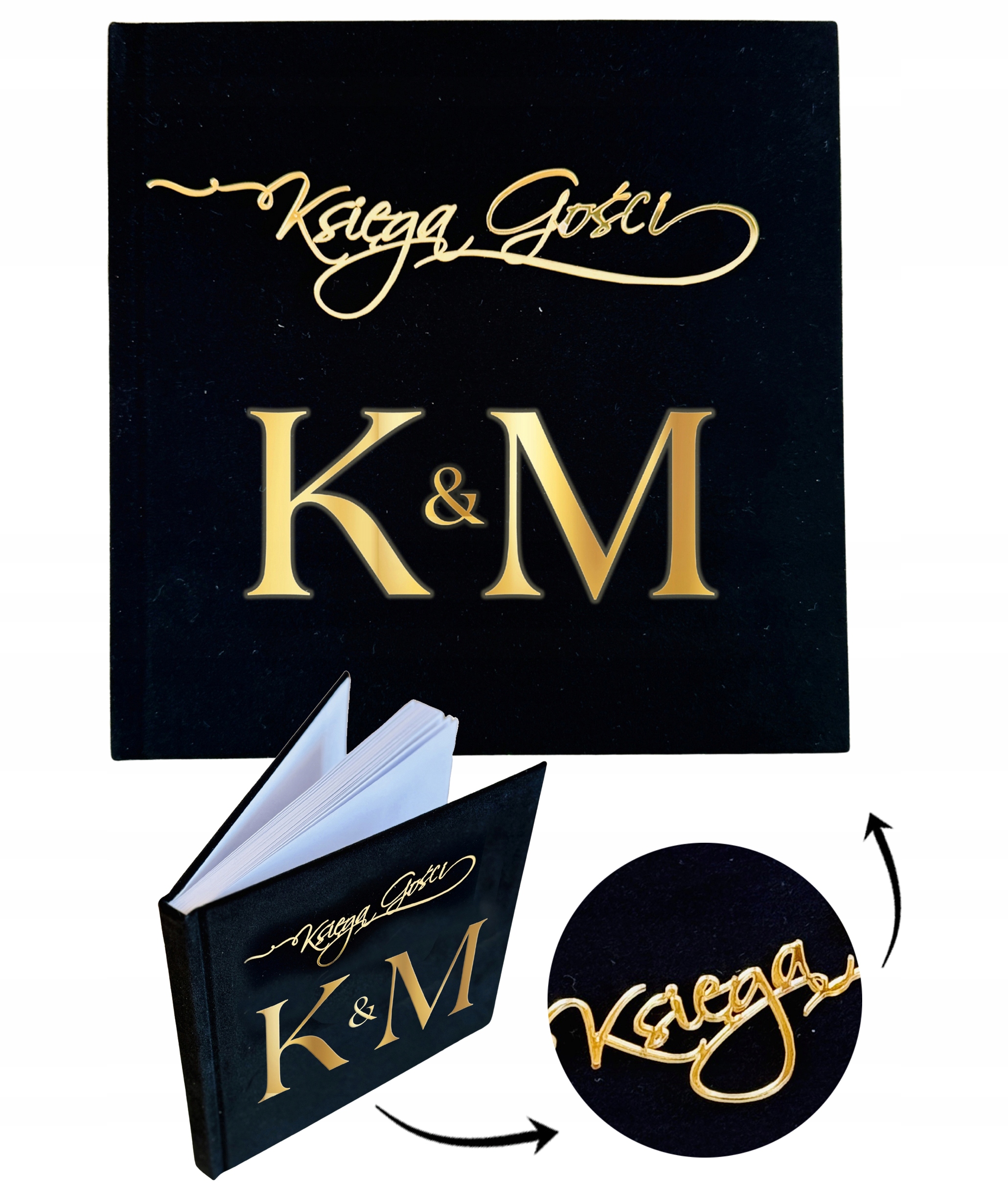 KSIĘGA GOŚCI weselnych WELUROWA czarna album ZŁOTE INICJAŁY pamiątka ŚLUBU