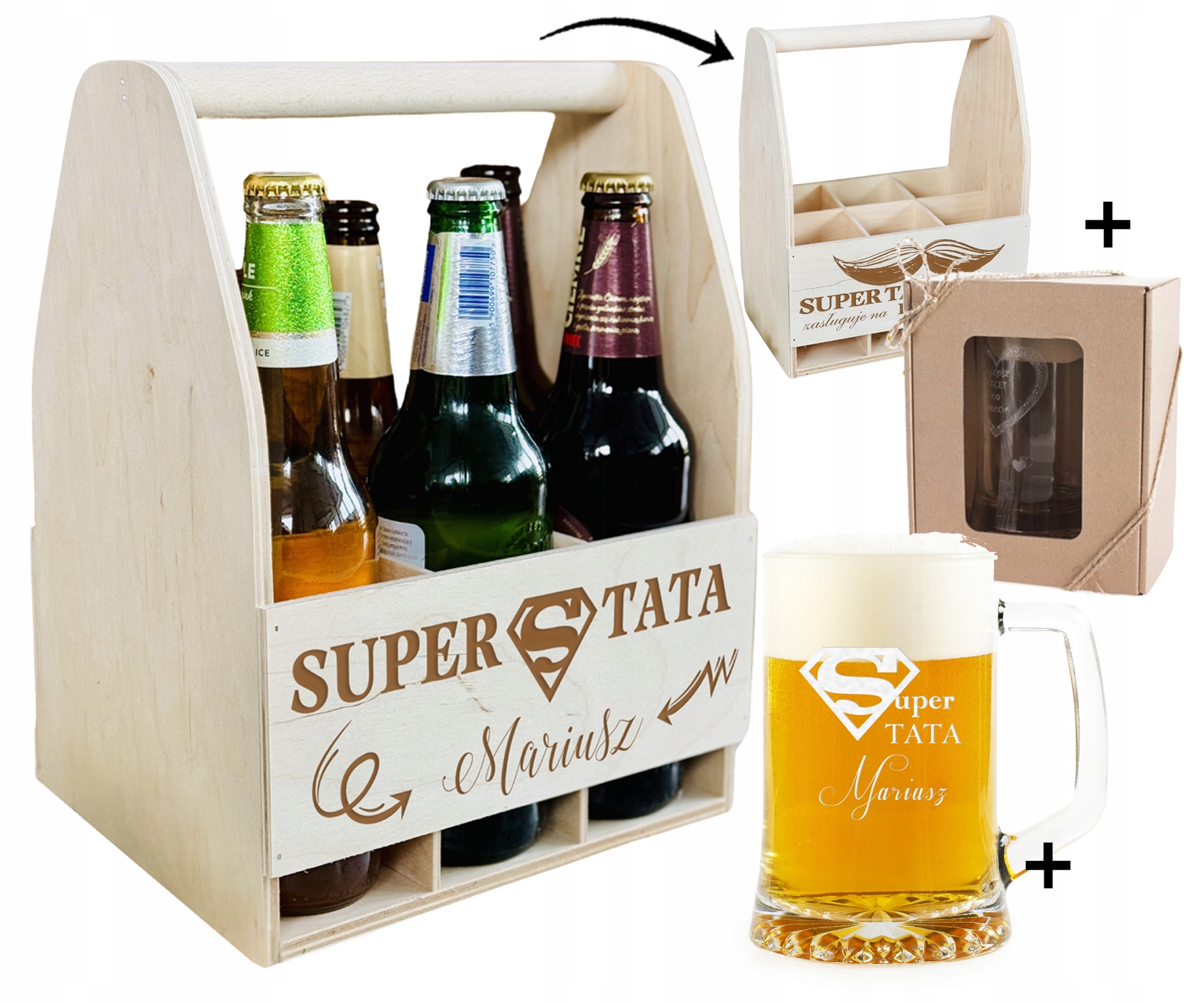 Zestaw prezentowy na DZIEŃ TATY upominek SKRZYNKA NA PIWO + KUFEL + GRAWER