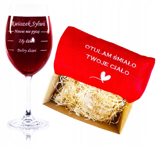ZESTAW KOC z haftem i KIELISZEK do wina grawerowany walentynki dla niej