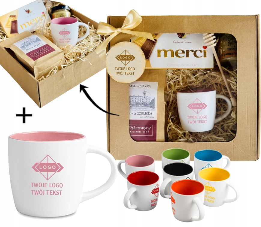 PREZENT FIRMOWY W PUDEŁKU z grawerem zestaw KAWA CZEKOLADA KUBEK TWOJE LOGO