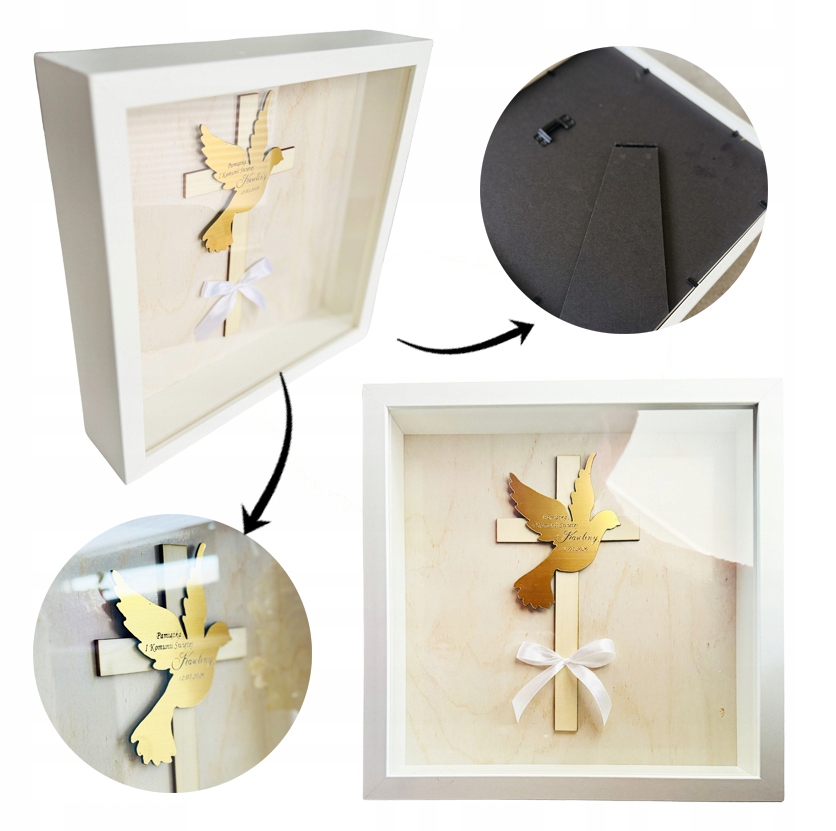 PAMIĄTKA Pierwszej Komunii Świętej upominek RAMKA 3D krzyż i gołębica IMIĘ