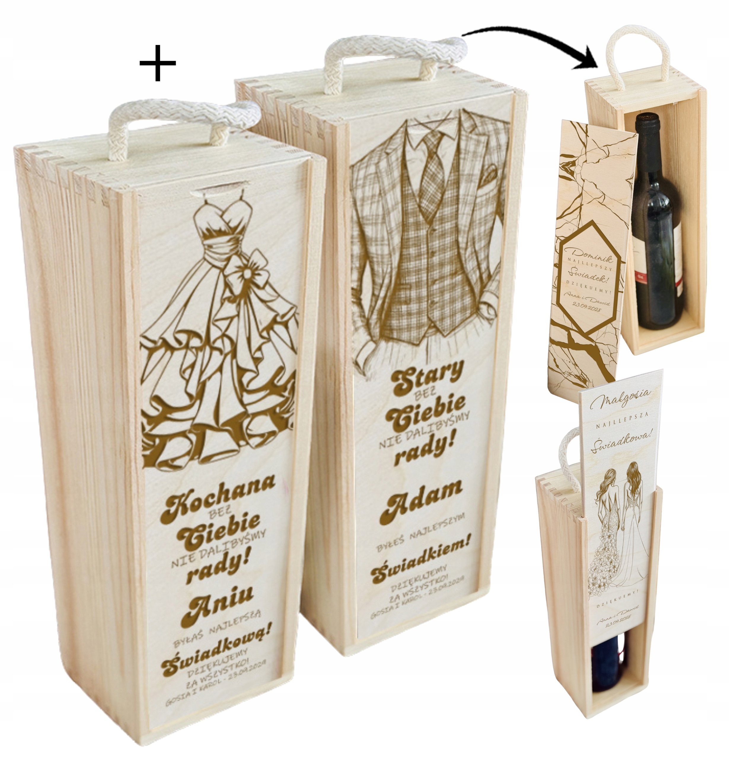 SKRZYNKI na alkohol PODZIĘKOWANIE prezent ZESTAW grawerowany DLA ŚWIADKÓW