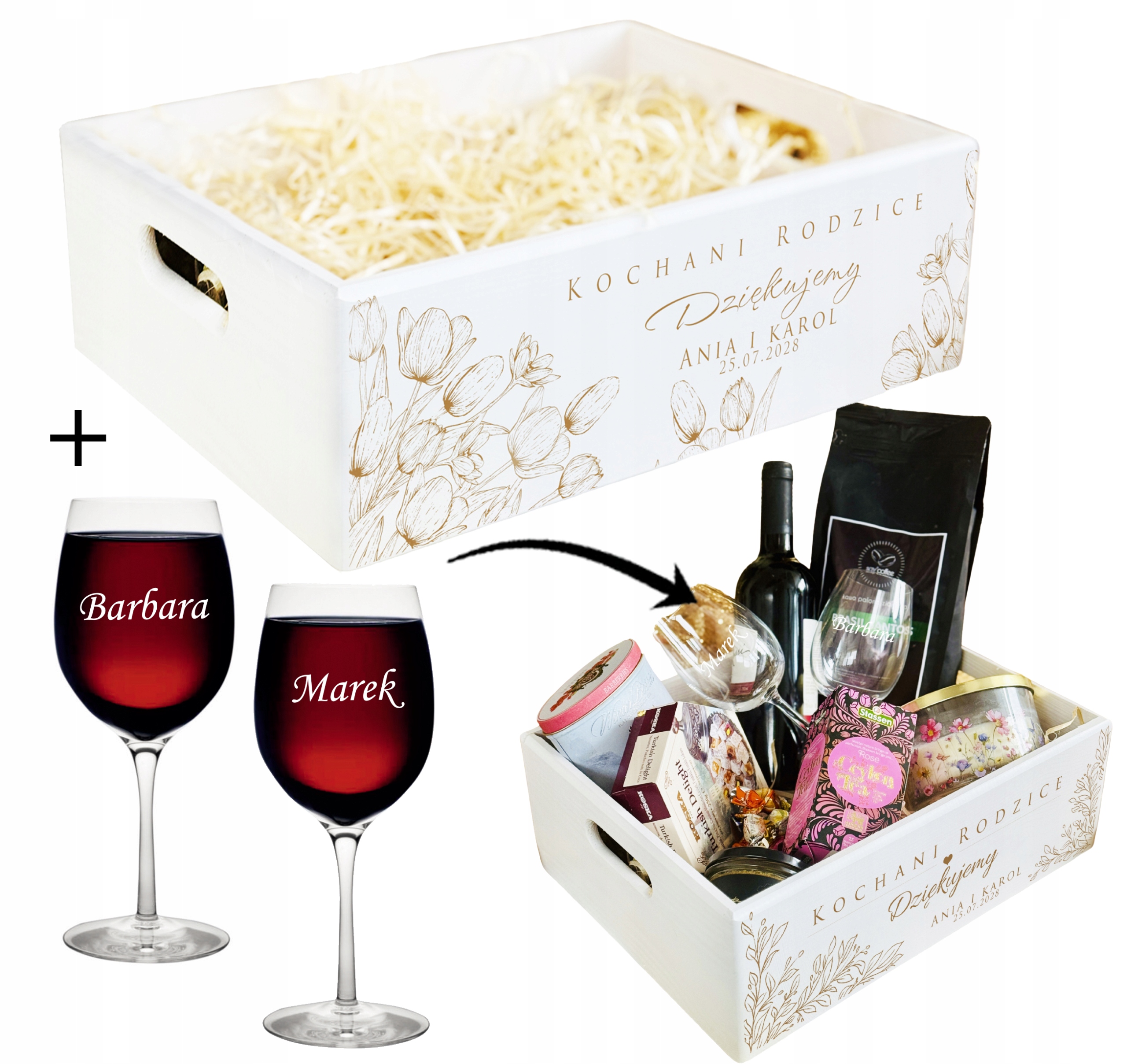 SKRZYNKA Kosz PODZIĘKOWANIA DLA RODZICÓW biała XL KIELISZKI + GRAWER IMIONA