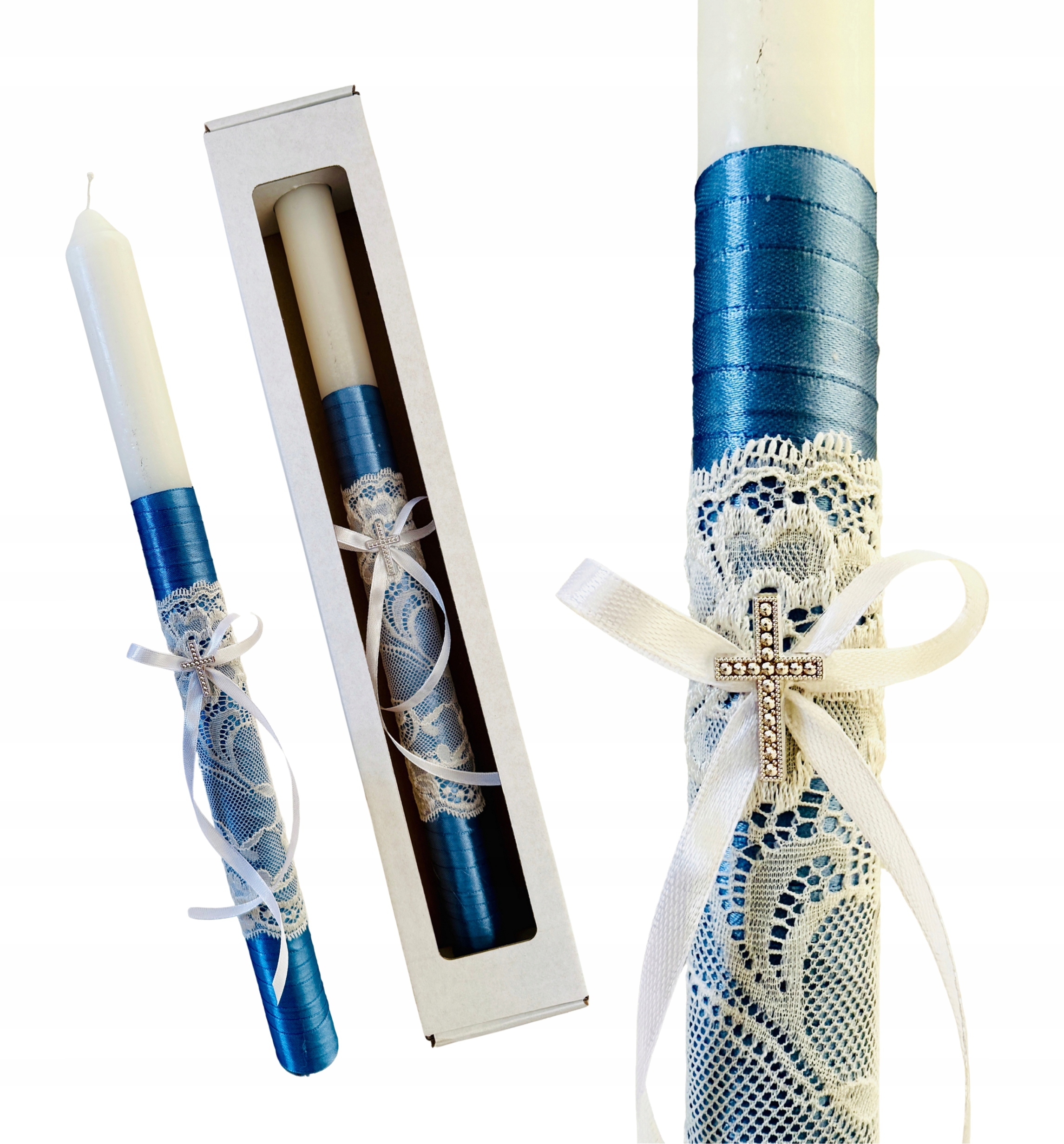 Świeca do CHRZTU GROMNICA na komunię ręcznie zdobiona satyna niebieska 40cm