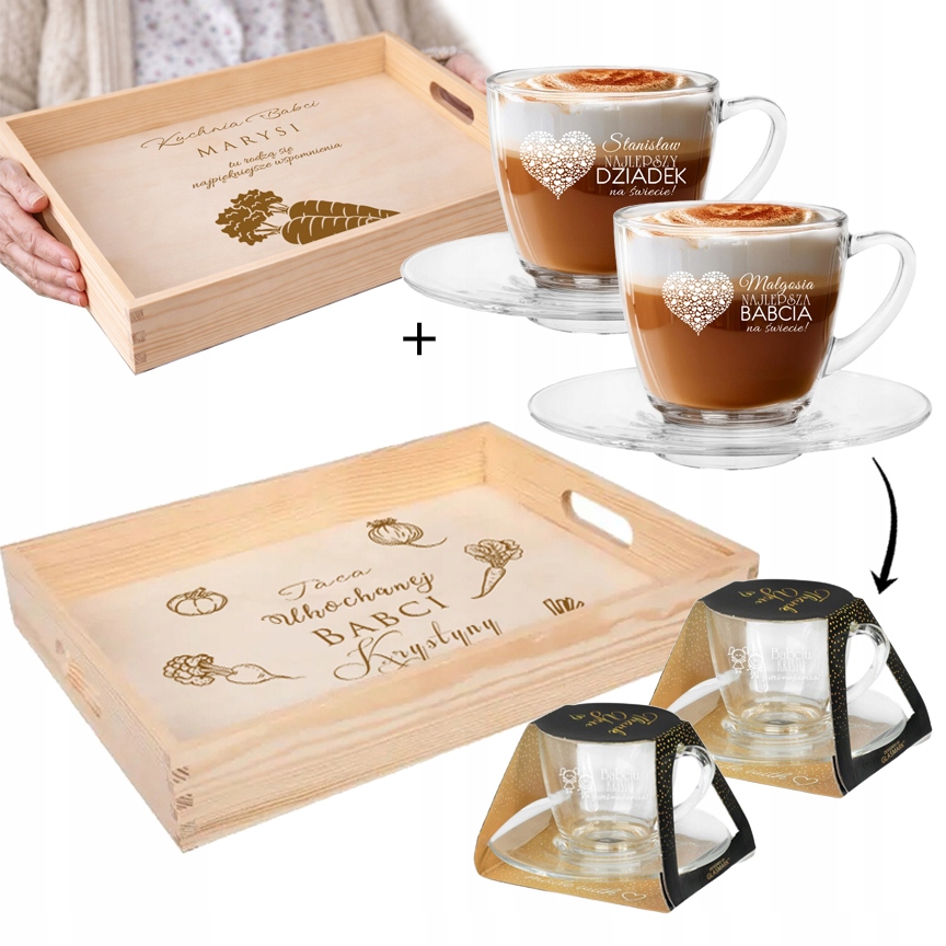 ZESTAW 2 FILIŻANKI TACA do SERWOWANIA PREZENT na DZIEŃ BABCI DZIADKA GRAWER