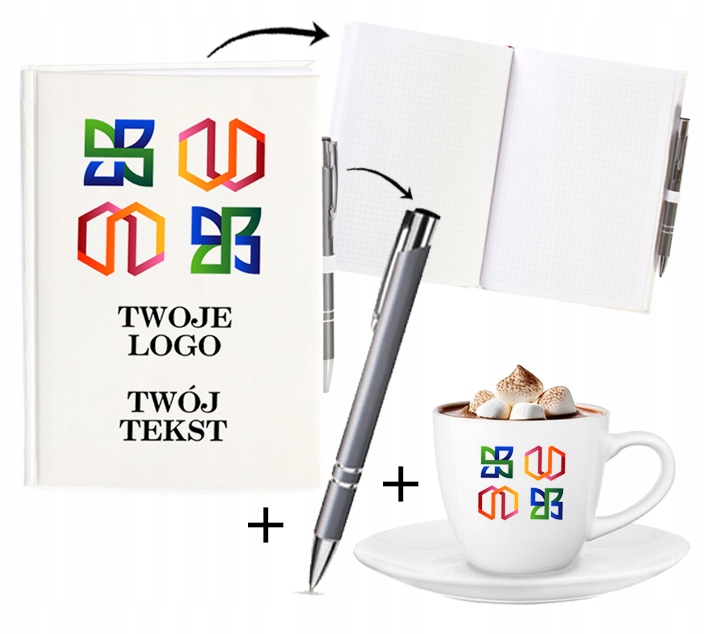 PREZENT FIRMOWY REKLAMOWY zestaw NOTES FILIŻANKA z nadrukiem UV TWOJE LOGO