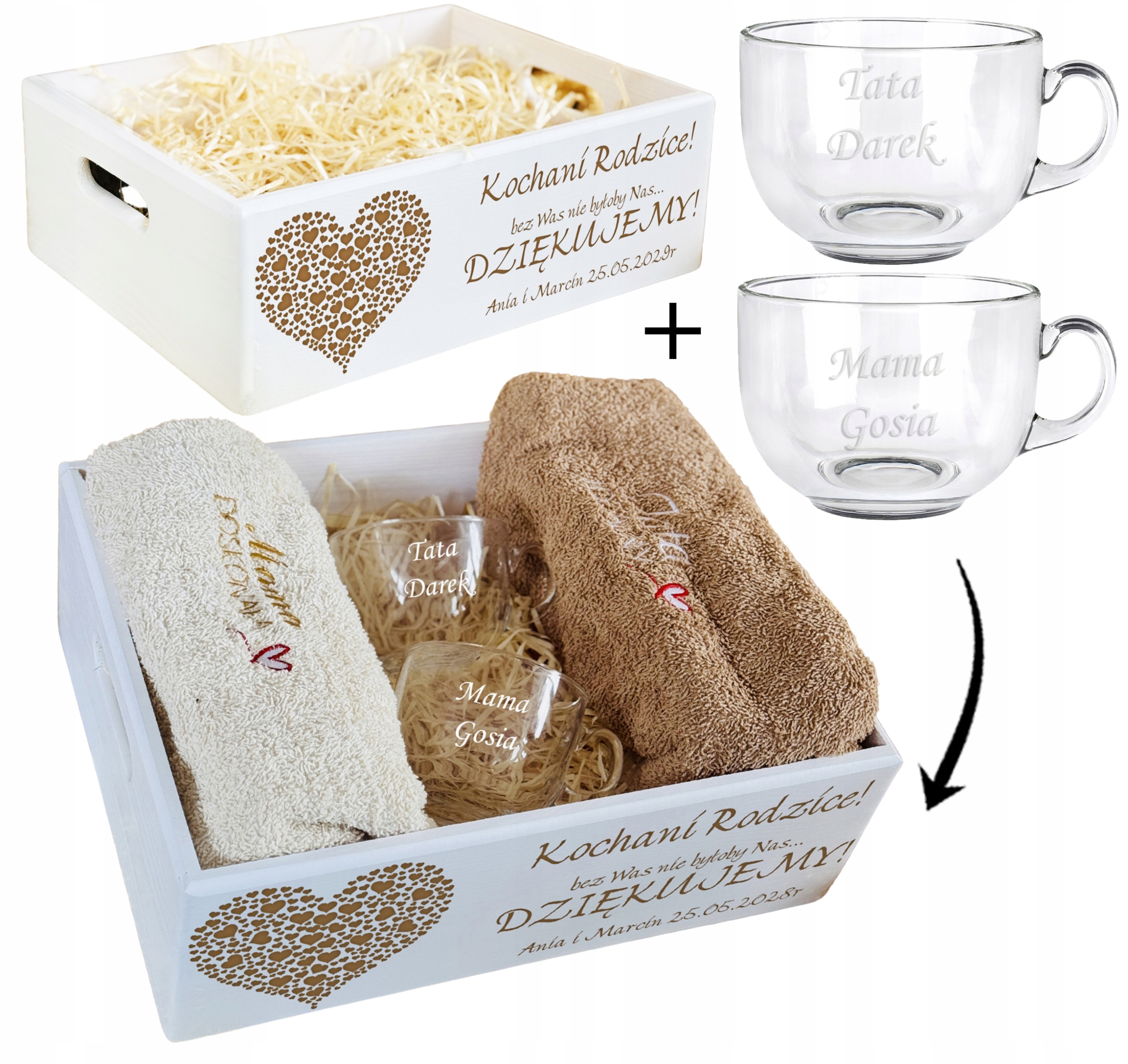SKRZYNKA Kosz PODZIĘKOWANIA DLA RODZICÓW biała XL + FILIŻANKI i RĘCZNIKI bb