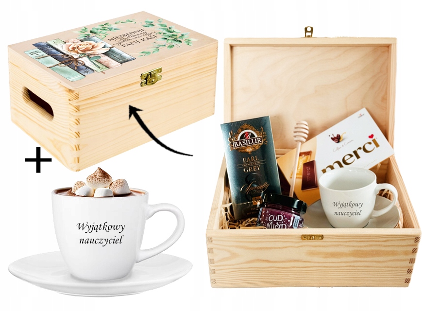 PREZENT upominek na DZIEŃ NAUCZYCIELA ZESTAW w SKRZYNCE z białą FILIŻANKĄ