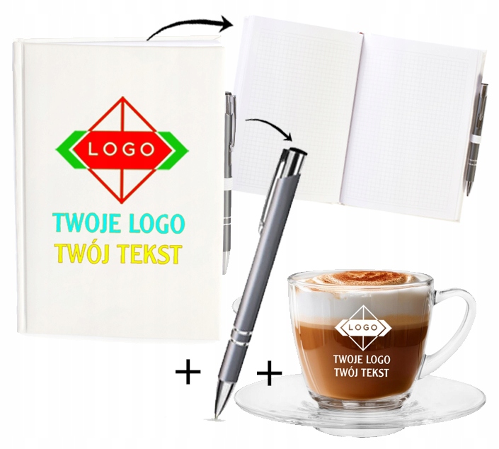 ZESTAW FIRMOWY REKLAMOWY NOTES + FILIŻANKA SZKLANA TWOJE LOGO TWÓJ TEKST