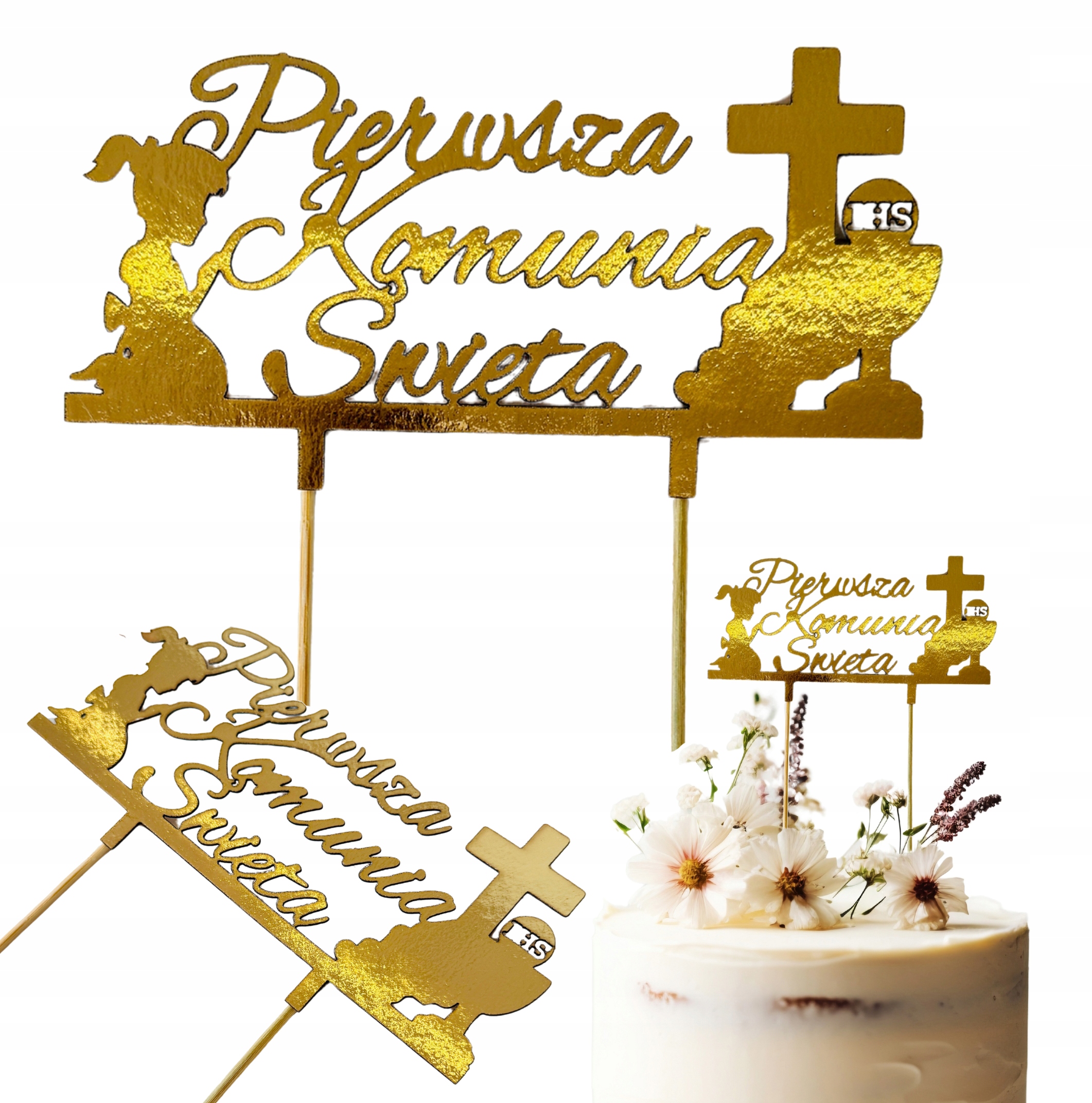 TOPPER toper złoty dekoracja na tort Pierwsza KOMUNIA Święta dziewczynka