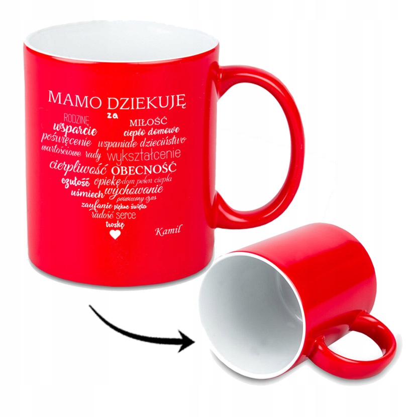 PREZENT UPOMINEK na DZIEŃ MAMY kubek czerwono biały z grawerem IMIĘ WZORY