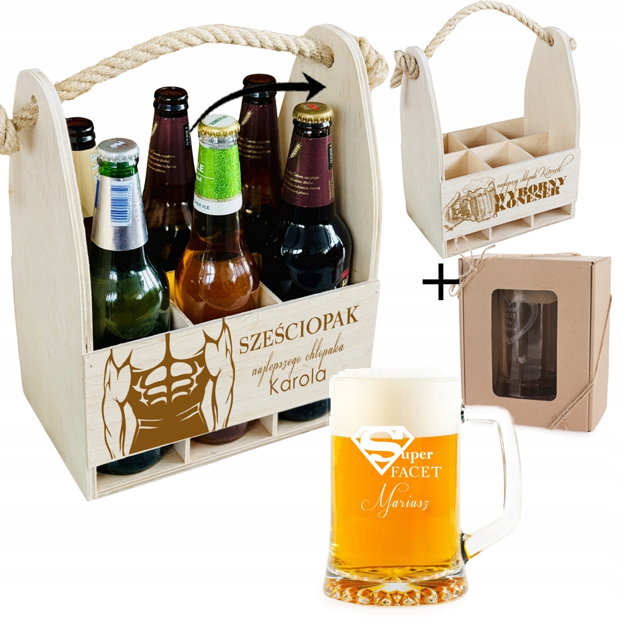 PREZENT upominek na DZIEŃ CHŁOPAKA SKRZYNKA NA PIWO sznur + KUFEL + GRAWER
