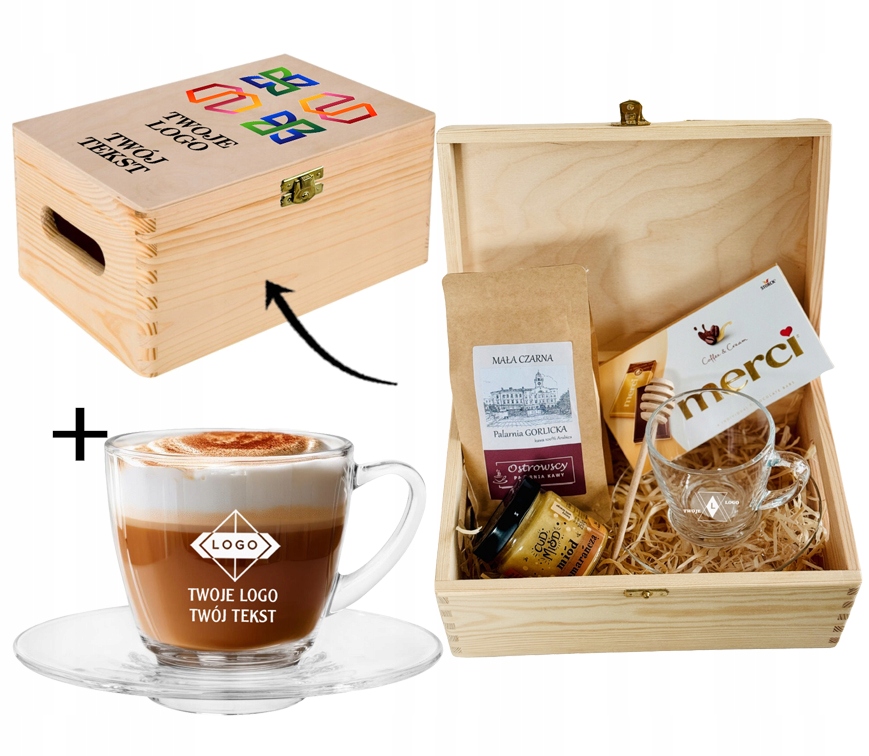 PREZENT FIRMOWY W SKRZYNI KAWA CZEKOLADA FILIŻANKA GRAWER NADRUK TWOJE LOGO