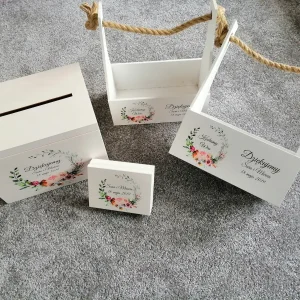 MEGA komplet ślubny - skrzynia na koperty i obrączki oraz nosidła na prezenty dla Rodziców