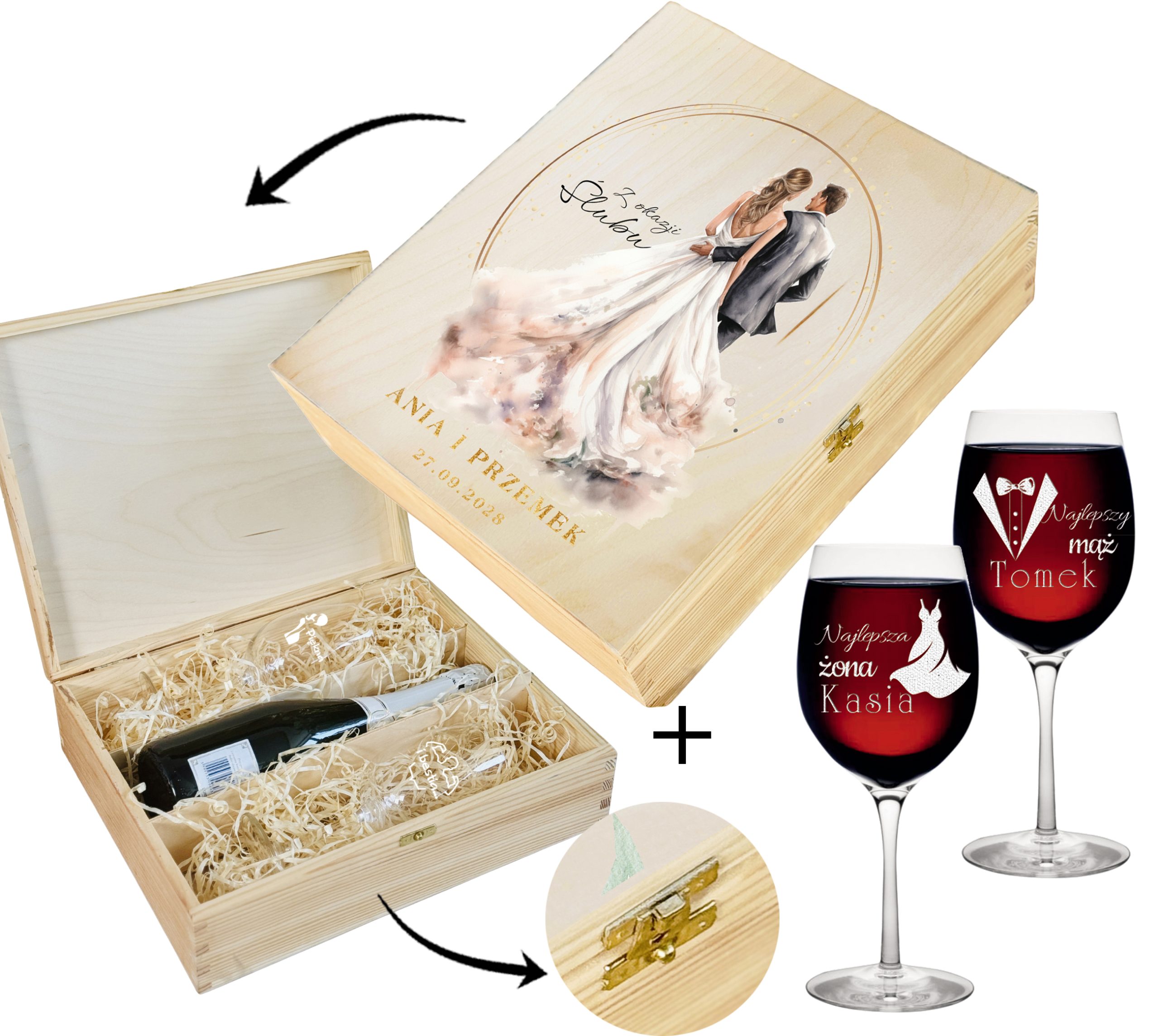 PREZENT UPOMINEK z okazji ŚLUBU SKRZYNKA + KIELISZKI Z GRAWEREM wzory ślub